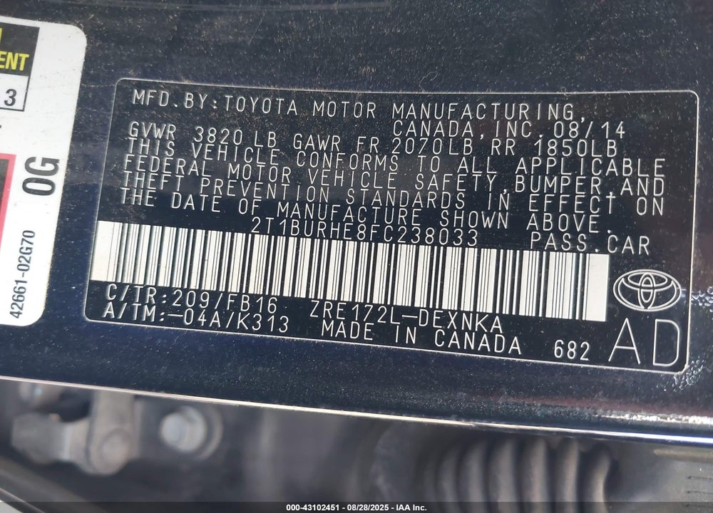 2015 TOYOTA COROLLA VIN: 2T1BURHE8FC238033