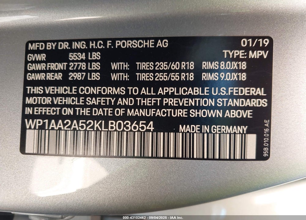 2019 PORSCHE MACAN VIN: WP1AA2A52KLB03654