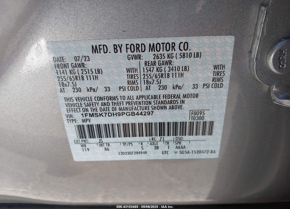 2023 FORD EXPLORER VIN: 1FMSK7DH9PGB44297