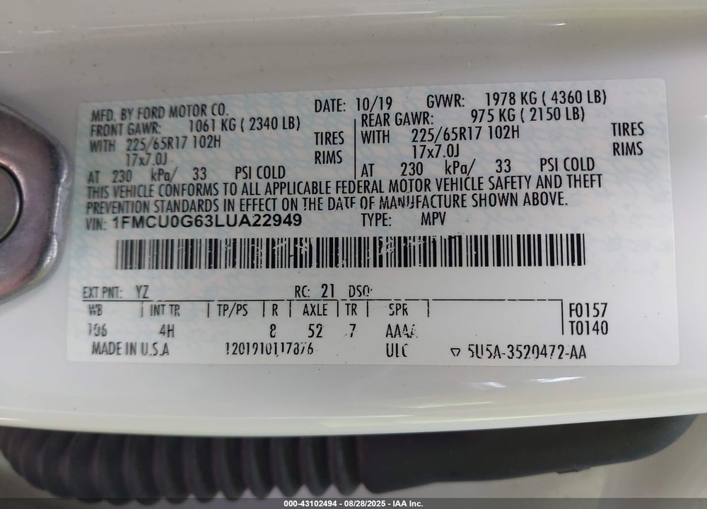 2020 FORD ESCAPE VIN: 1FMCU0G63LUA22949