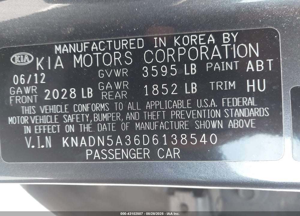 2013 KIA RIO VIN: KNADN5A36D6138540