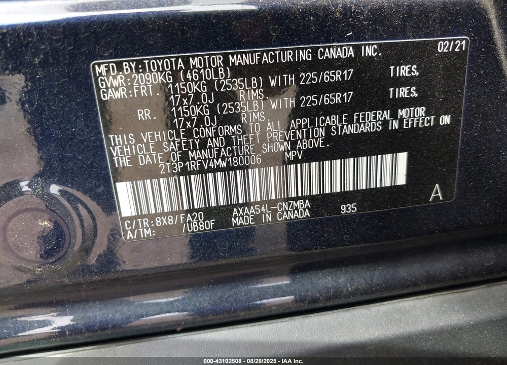 2021 TOYOTA RAV4 XLE VIN: 2T3P1RFV4MW180006