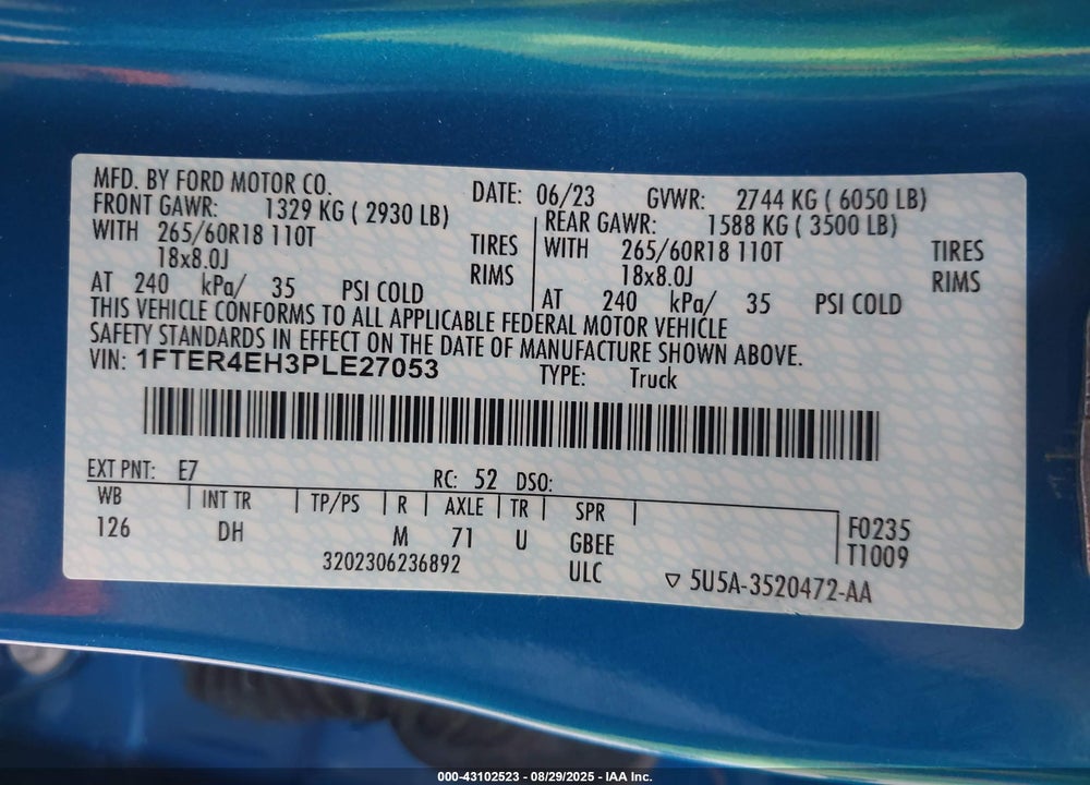 2023 FORD RANGER VIN: 1FTER4EH3PLE27053