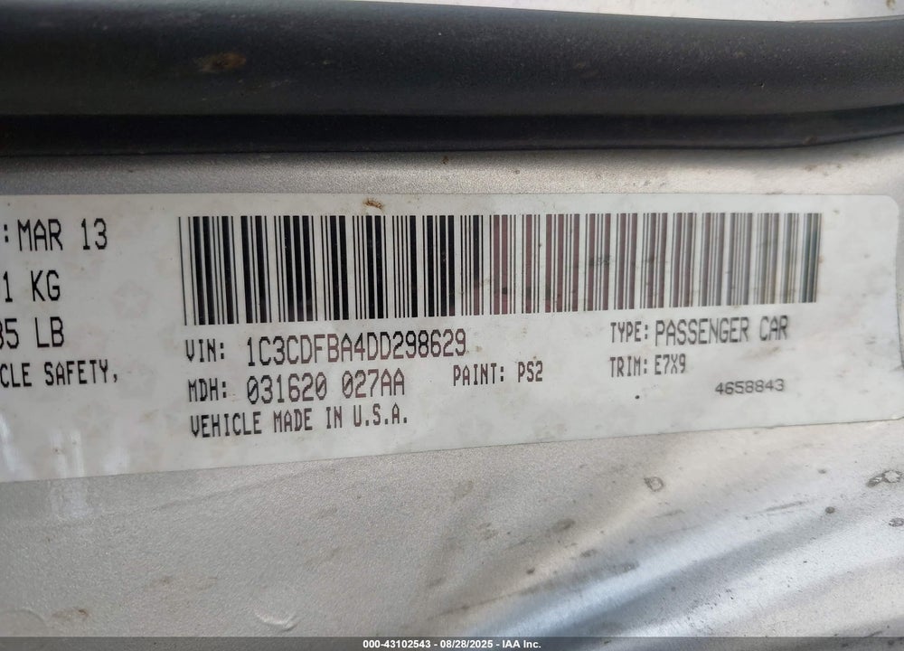 2013 DODGE DART VIN: 1C3CDFBA4DD298629
