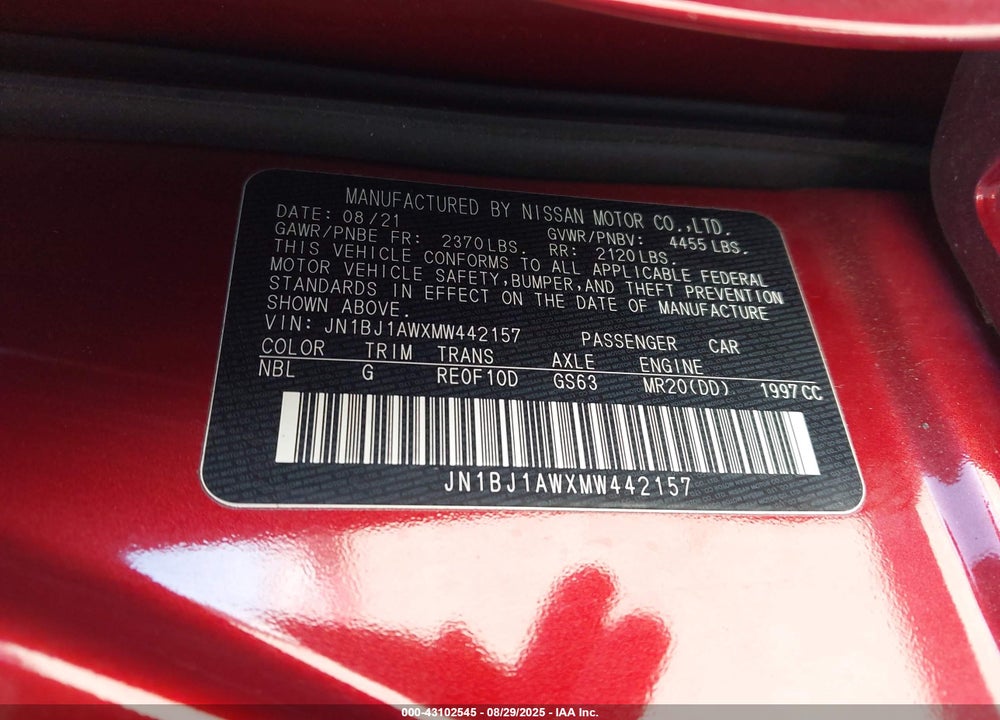 2021 NISSAN ROGUE SPORT VIN: JN1BJ1AWXMW442157