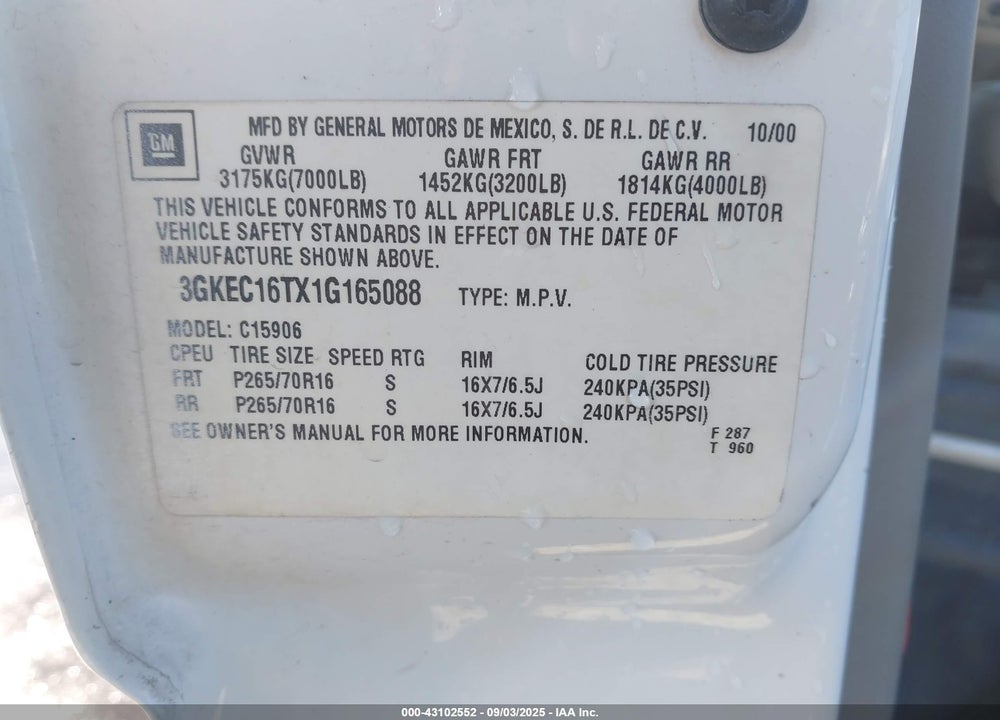 2001 GMC YUKON XL 1500 SLT VIN: 3GKEC16TX1G165088
