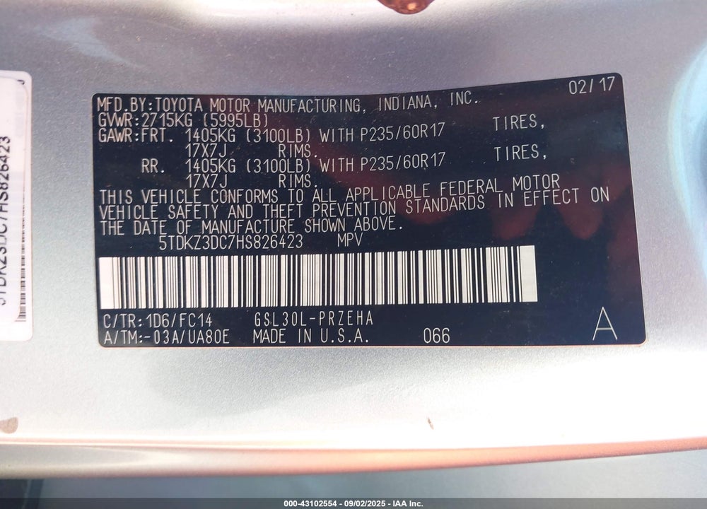 2017 TOYOTA SIENNA VIN: 5TDKZ3DC7HS826423