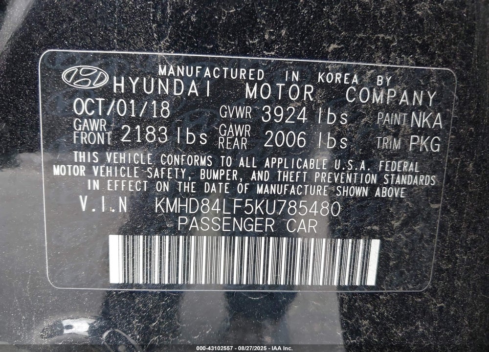 2019 HYUNDAI ELANTRA VIN: KMHD84LF5KU785480