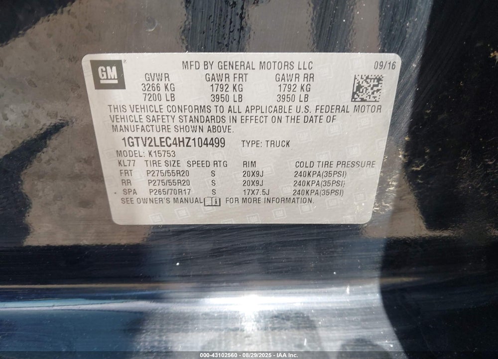 2017 GMC SIERRA 1500 VIN: 1GTV2LEC4HZ104499