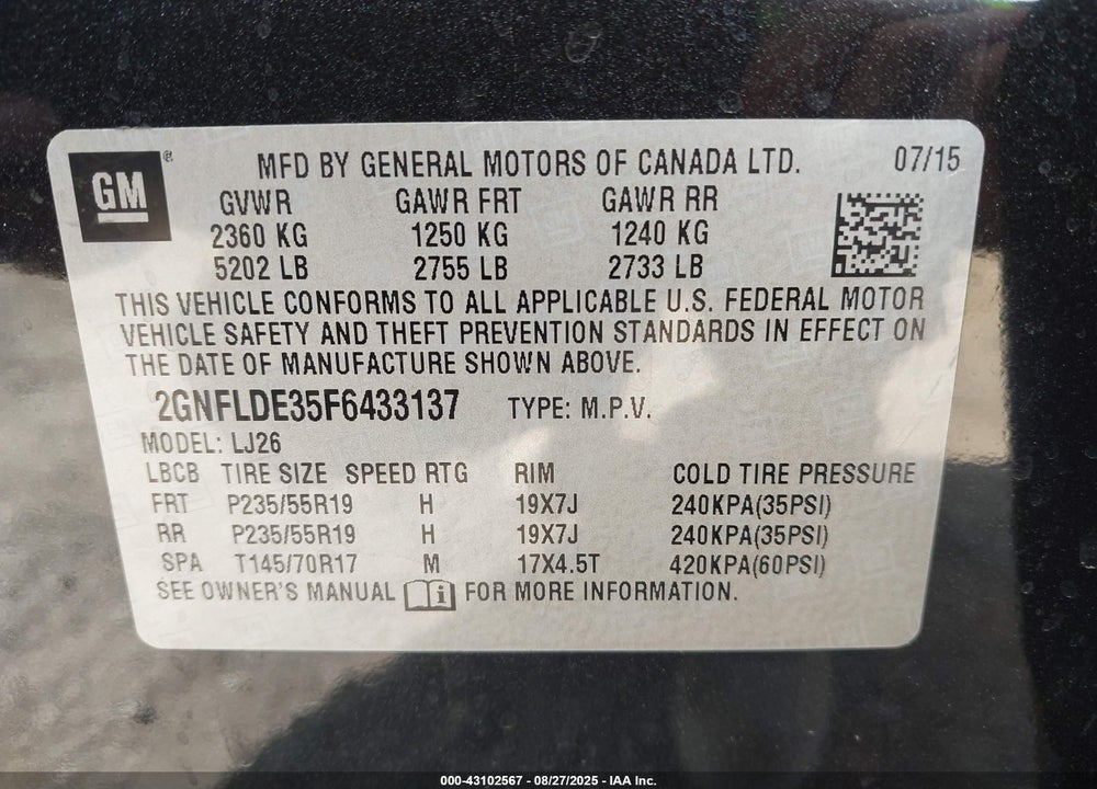 2015 CHEVROLET EQUINOX LTZ VIN: 2GNFLDE35F6433137