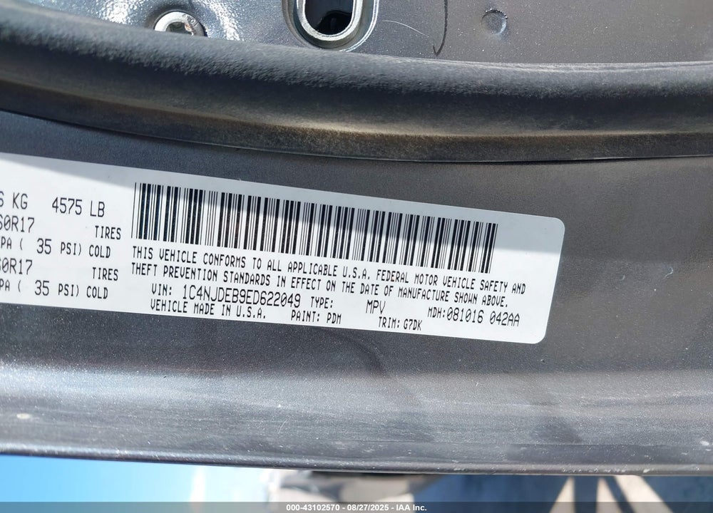 2014 JEEP COMPASS VIN: 1C4NJDEB9ED622049