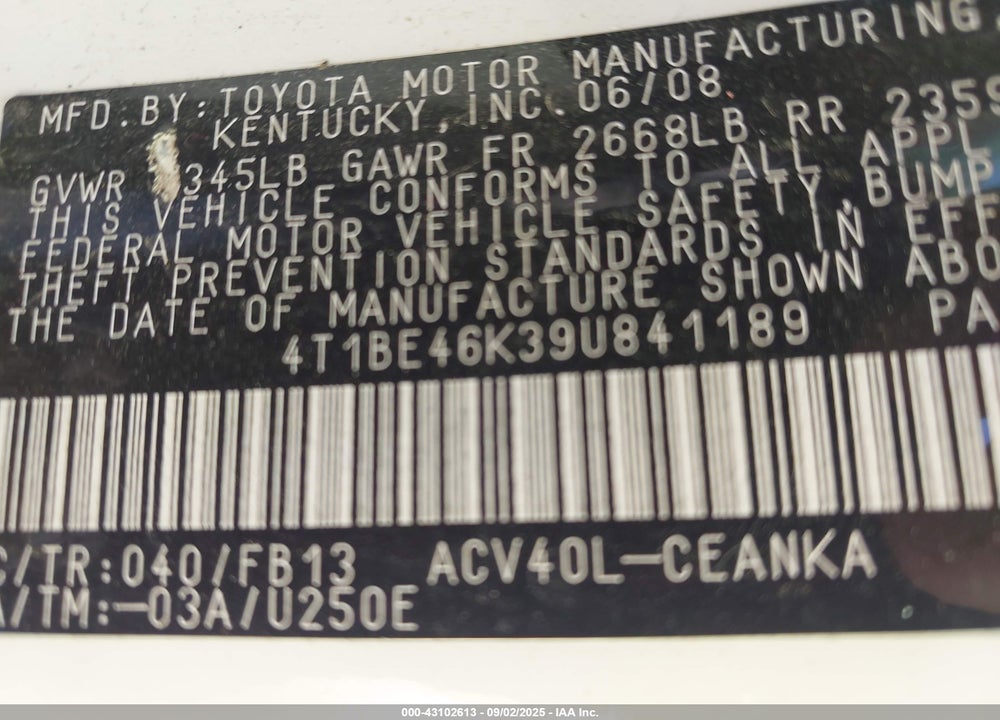 2009 TOYOTA CAMRY VIN: 4T1BE46K39U841189