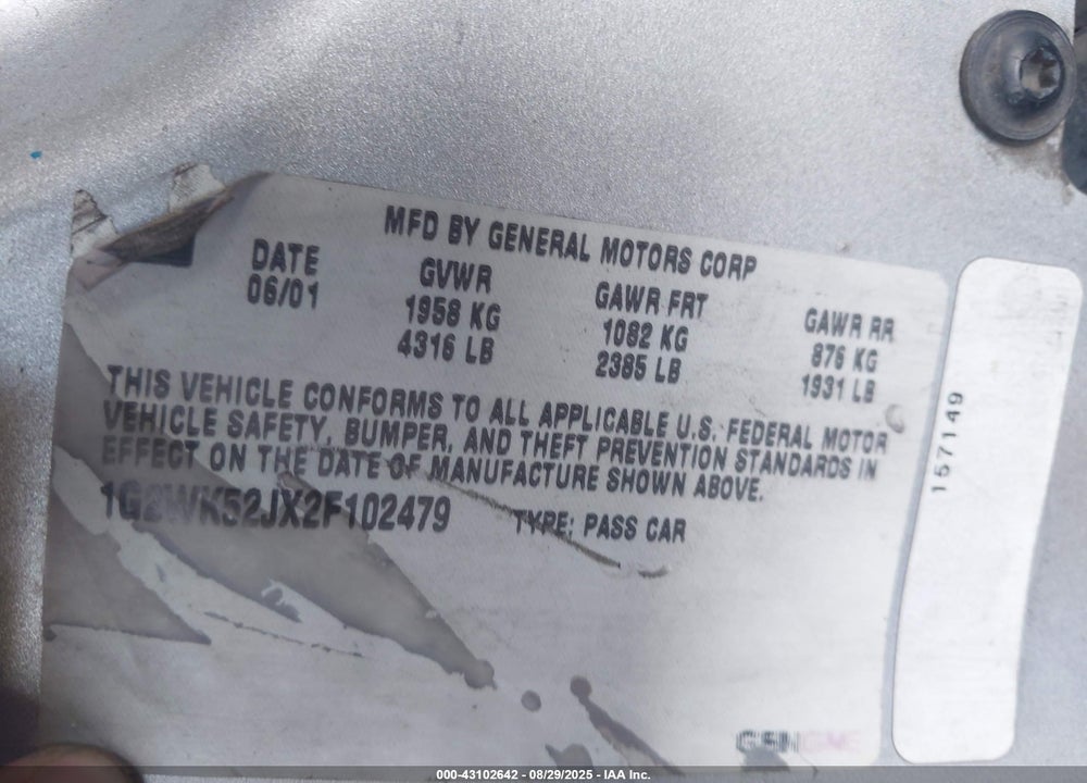 2002 PONTIAC GRAND PRIX SE VIN: 1G2WK52JX2F102479