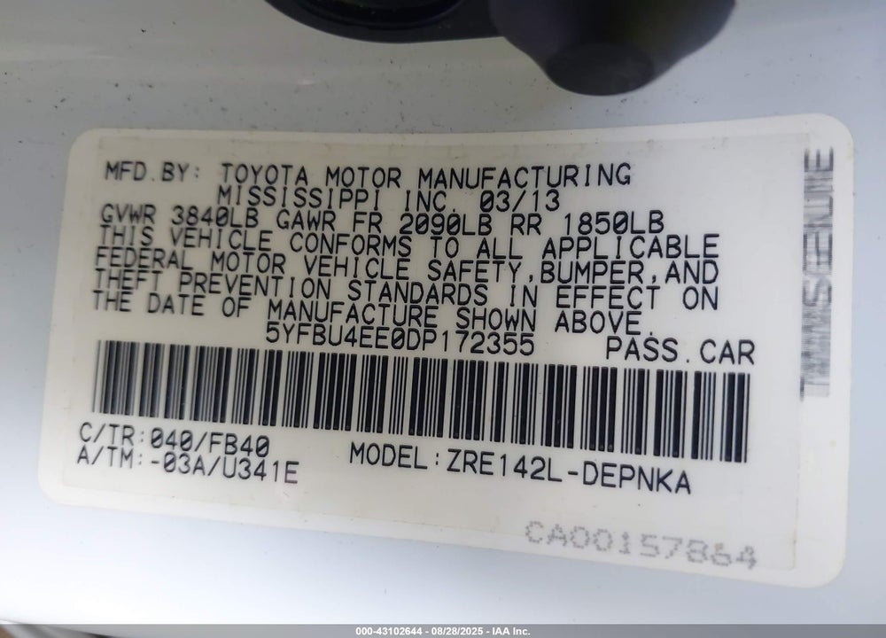 2013 TOYOTA COROLLA VIN: 5YFBU4EE0DP172355