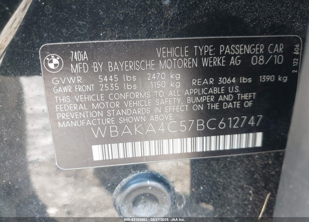 2011 BMW 7 SERIES VIN: WBAKA4C57BC612747
