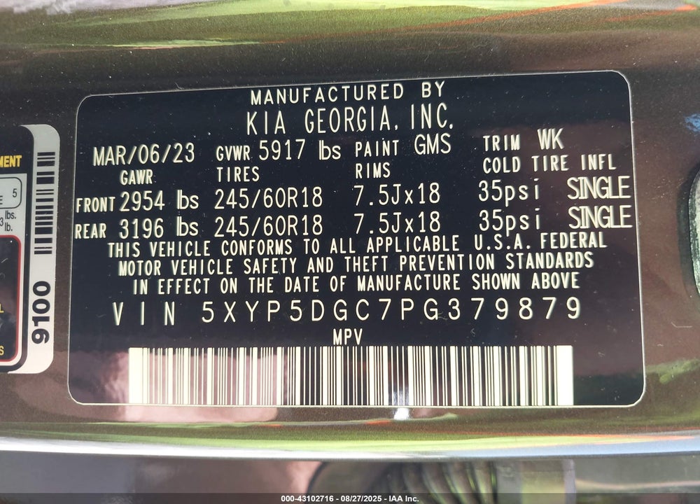 2023 KIA TELLURIDE VIN: 5XYP5DGC7PG379879