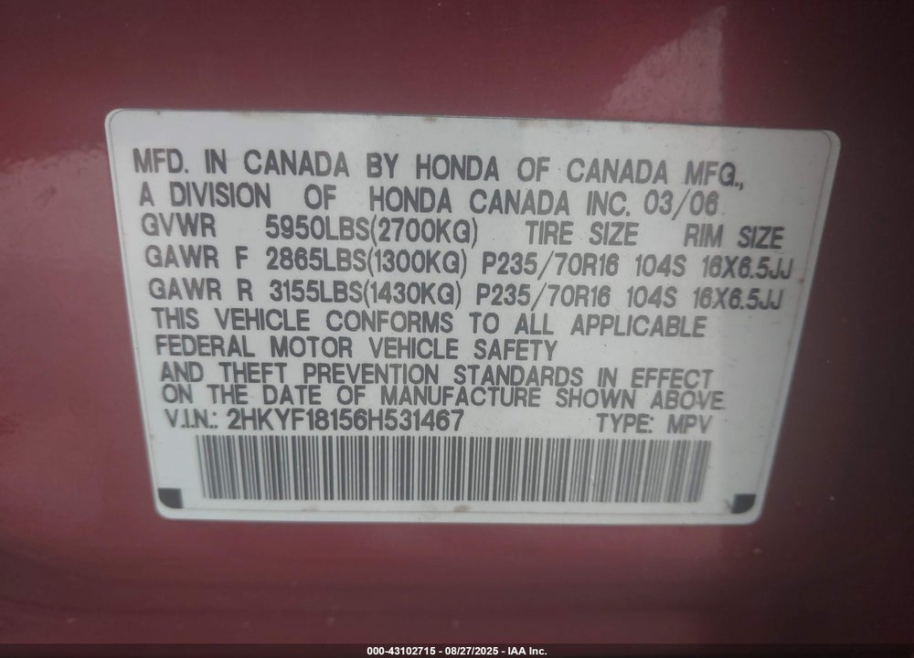 2006 HONDA PILOT VIN: 2HKYF18156H531467