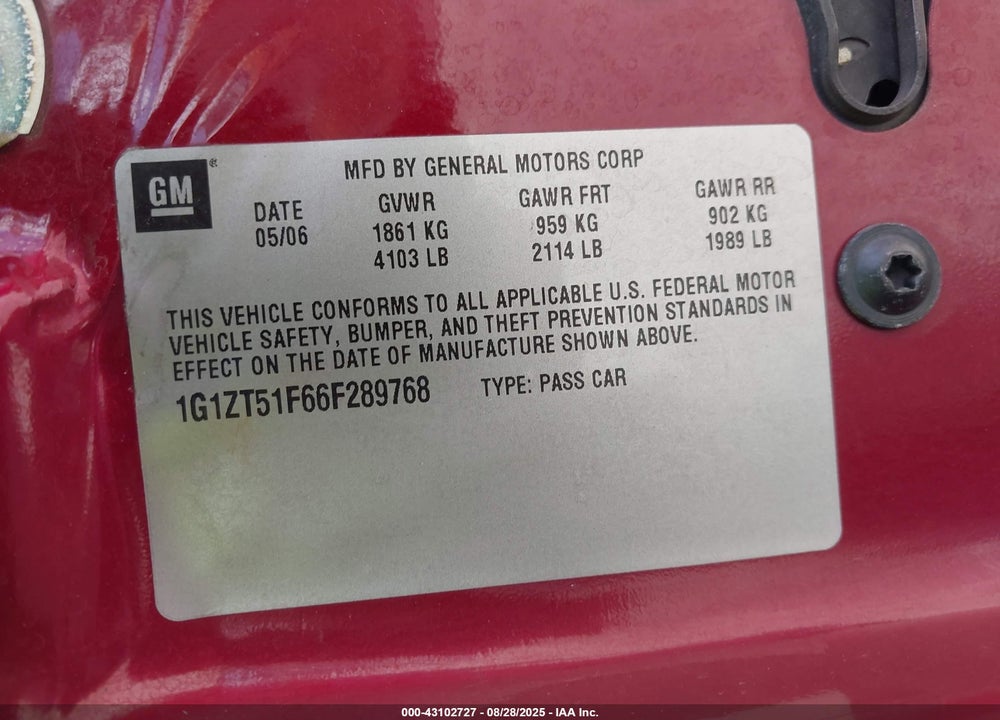 2006 CHEVROLET MALIBU VIN: 1G1ZT51F66F289768