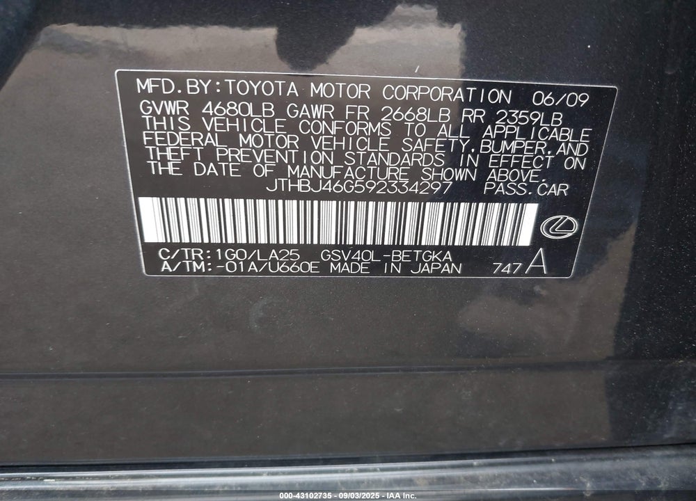 2009 LEXUS ES 350 VIN: JTHBJ46G592334297