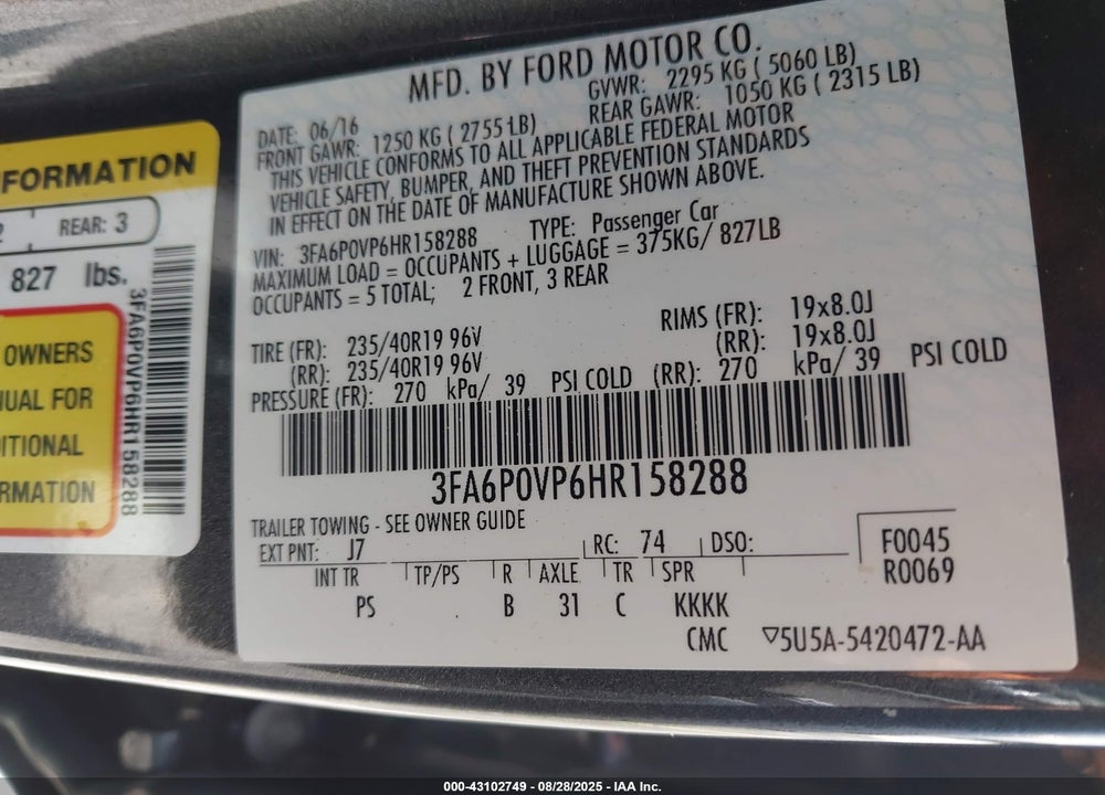 2017 FORD FUSION VIN: 3FA6P0VP6HR158288
