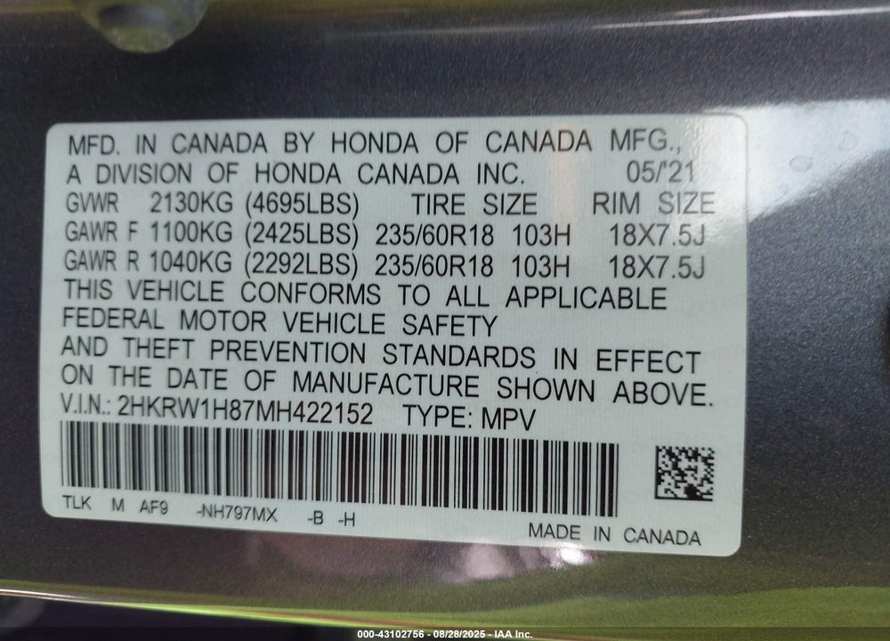 2021 HONDA CR-V VIN: 2HKRW1H87MH422152