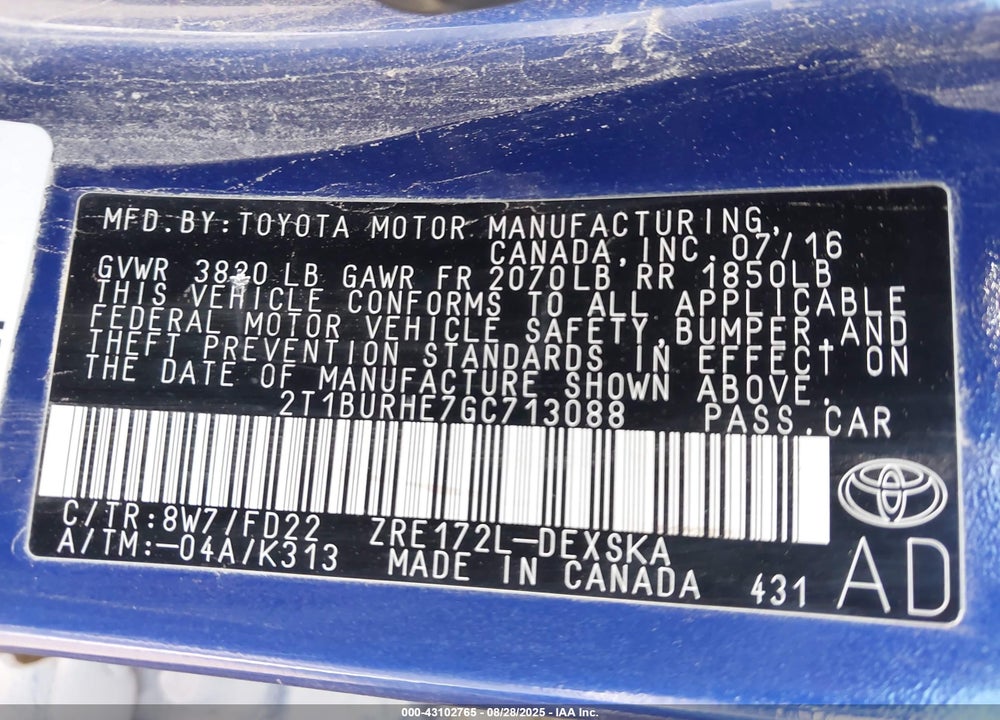 2016 TOYOTA COROLLA S PLUS VIN: 2T1BURHE7GC713088