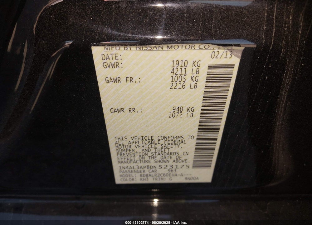 2013 NISSAN ALTIMA 2.5 S VIN: 1N4AL3AP8DN523175