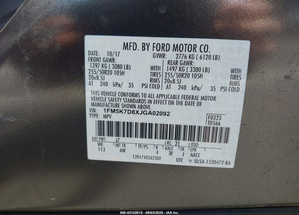 2018 FORD EXPLORER VIN: 1FM5K7D8XJGA02092