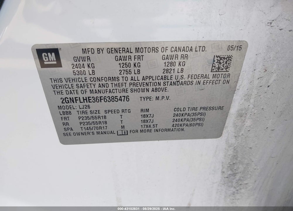 2015 CHEVROLET EQUINOX LTZ VIN: 2GNFLHE36F6385476
