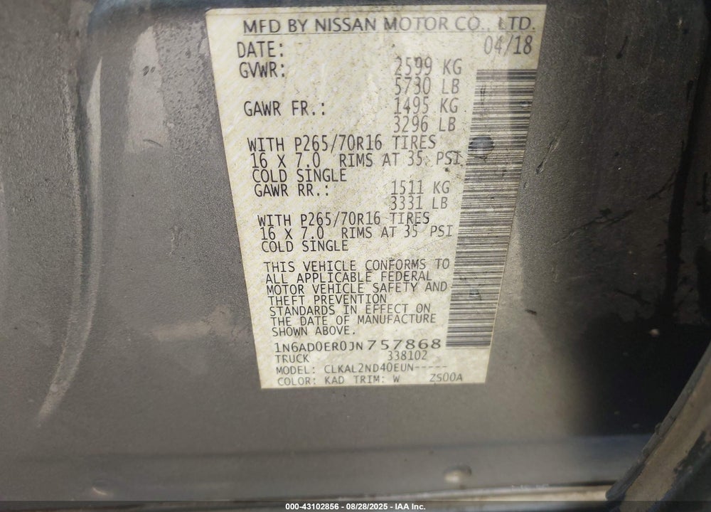 2018 NISSAN FRONTIER VIN: 1N6AD0ER0JN757868