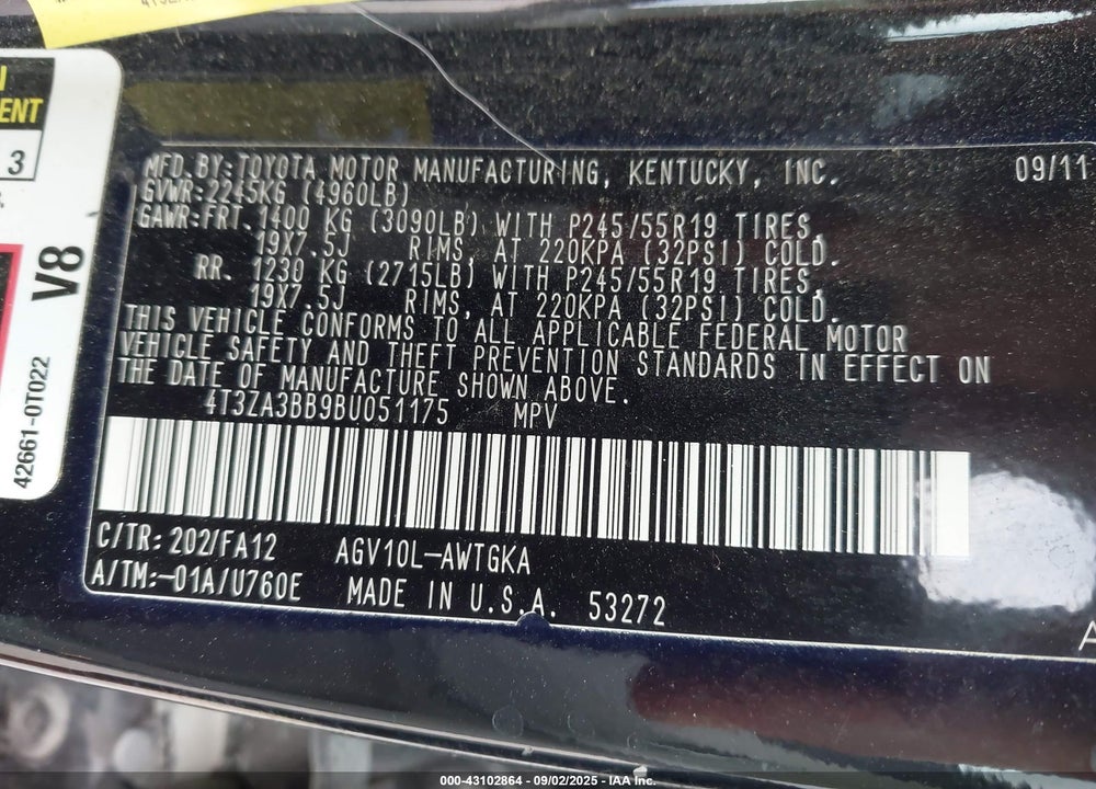 2011 TOYOTA VENZA VIN: 4T3ZA3BB9BU051175