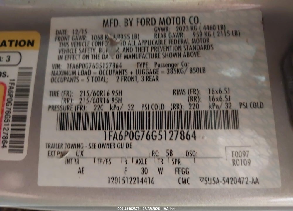 2016 FORD FUSION VIN: 1FA6P0G76G5127864