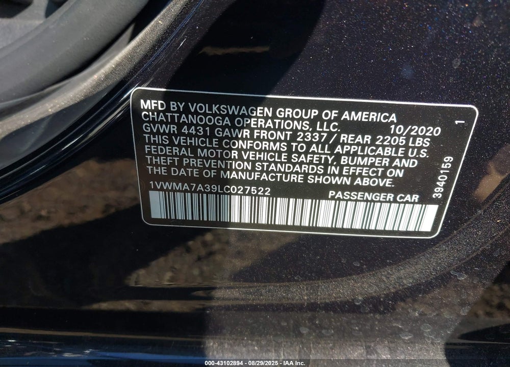 2020 VOLKSWAGEN PASSAT VIN: 1VWMA7A39LC027522