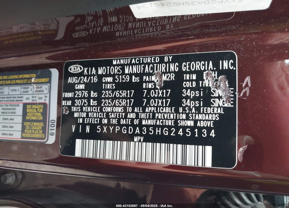2017 KIA SORENTO VIN: 5XYPGDA35HG245134