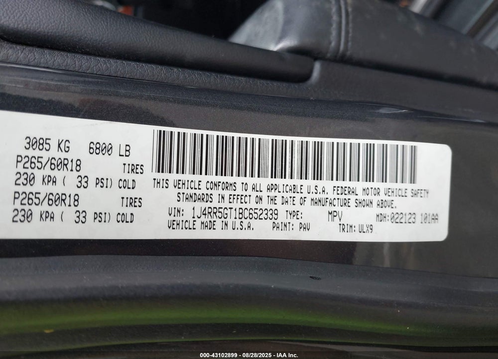 2011 JEEP GRAND CHEROKEE LIMITED VIN: 1J4RR5GT1BC652339