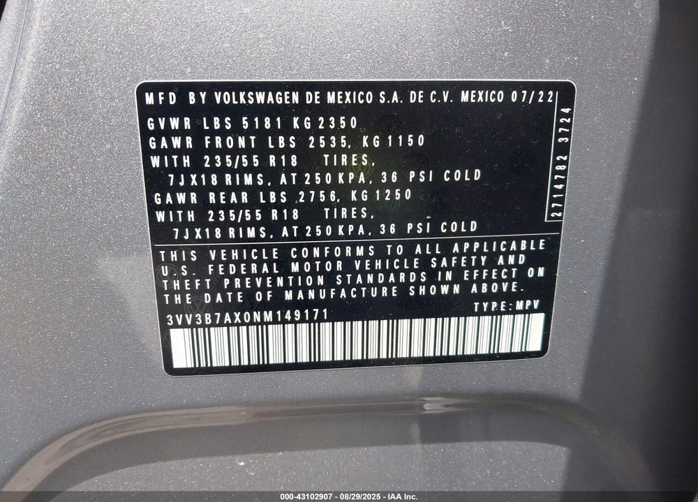 2022 VOLKSWAGEN TIGUAN VIN: 3VV3B7AX0NM149171