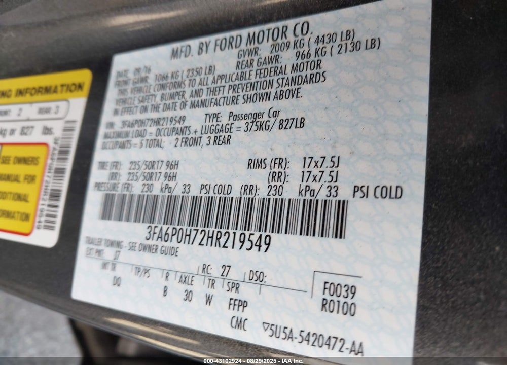 2017 FORD FUSION VIN: 3FA6P0H72HR219549