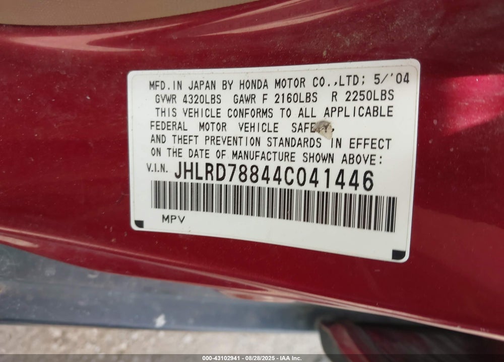 2004 HONDA CR-V EX VIN: JHLRD78844C041446