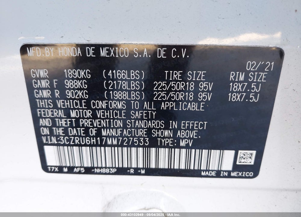 2021 HONDA HR-V VIN: 3CZRU6H17MM727533