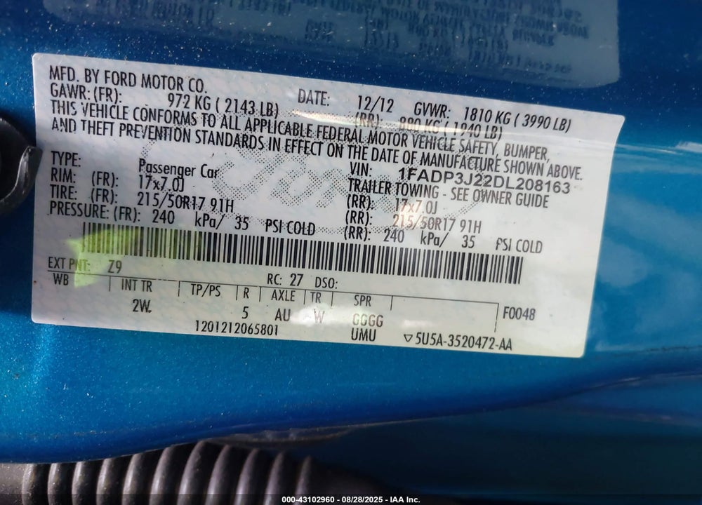 2013 FORD FOCUS VIN: 1FADP3J22DL208163