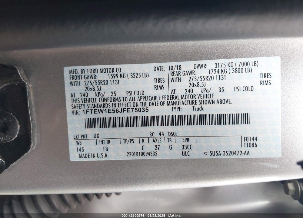 2018 FORD F-150 XLT VIN: 1FTEW1E56JFE75035
