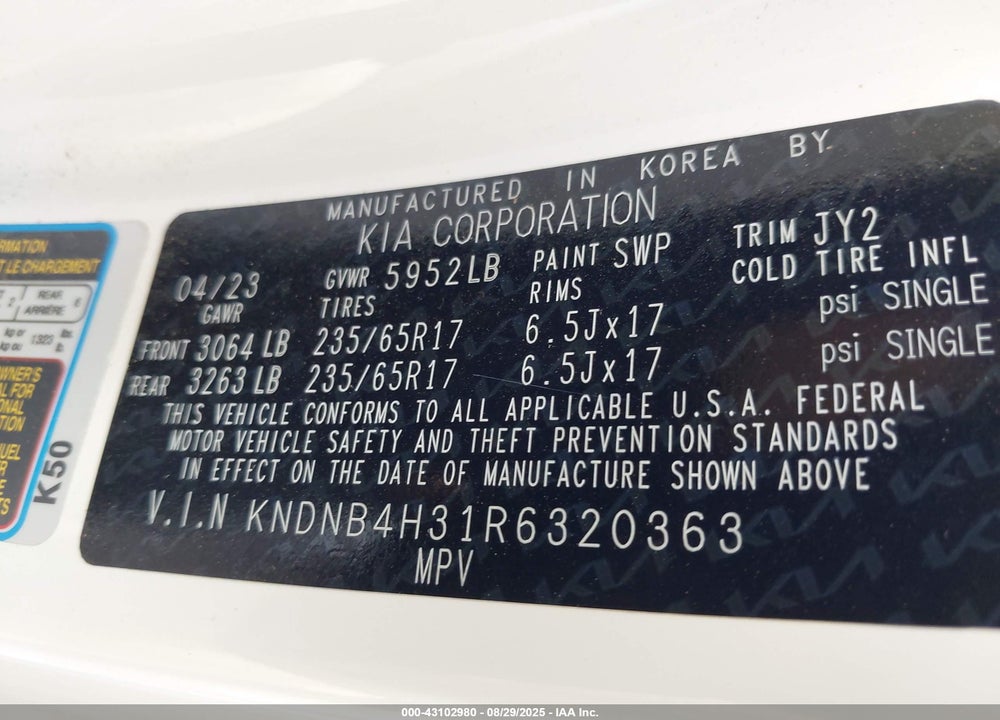 2024 KIA CARNIVAL VIN: KNDNB4H31R6320363