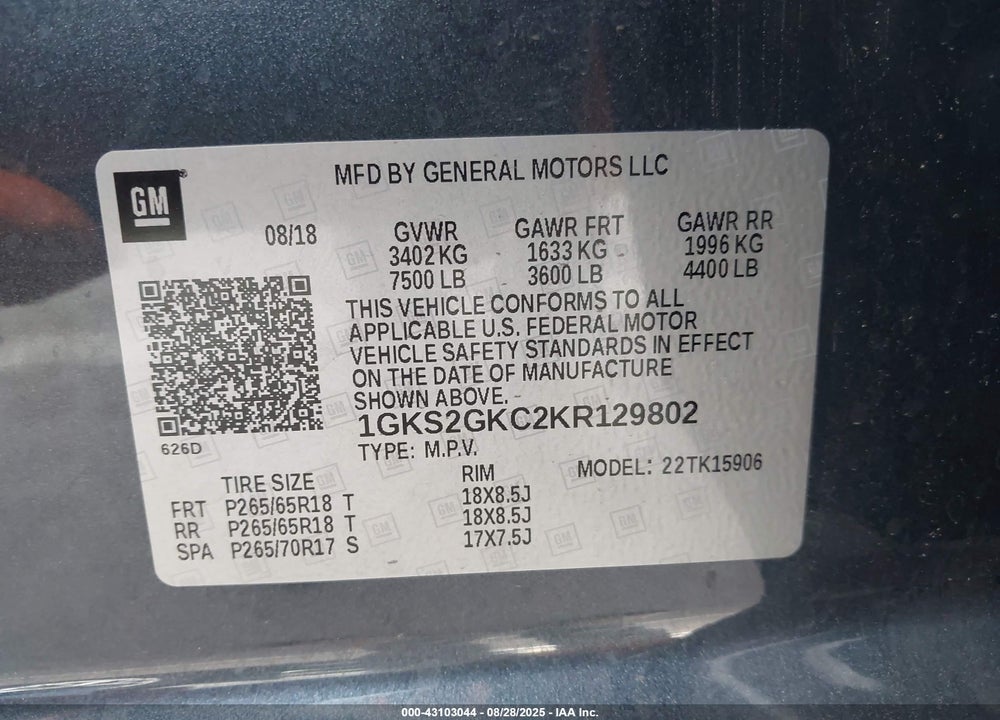 2019 GMC YUKON XL VIN: 1GKS2GKC2KR129802