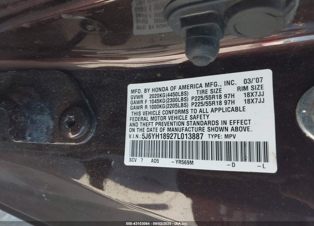 2007 HONDA ELEMENT SC VIN: 5J6YH18927L013887