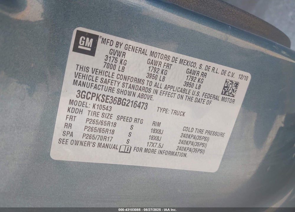 2011 CHEVROLET SILVERADO 1500 VIN: 3GCPKSE36BG216473