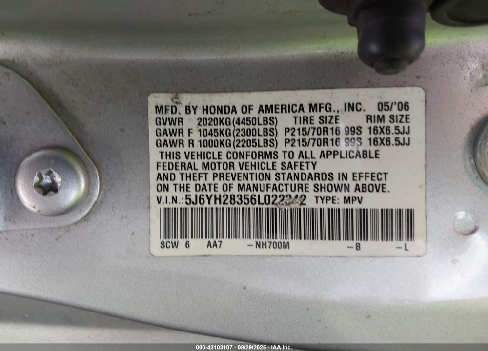 2006 HONDA ELEMENT LX VIN: 5J6YH28356L022342