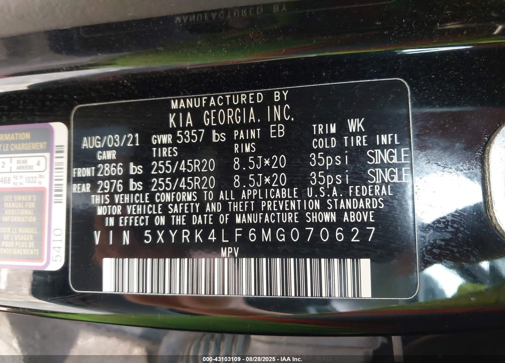 2021 KIA SORENTO VIN: 5XYRK4LF6MG070627
