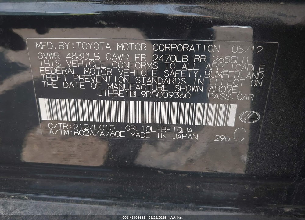 2013 LEXUS GS 350 VIN: JTHBE1BL9D5009360