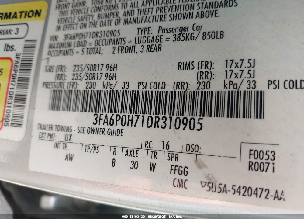 2013 FORD FUSION VIN: 3FA6P0H71DR310905