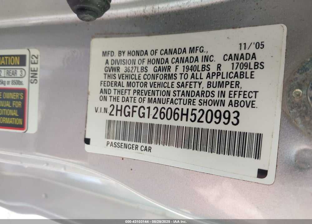 2006 HONDA CIVIC LX VIN: 2HGFG12606H520993